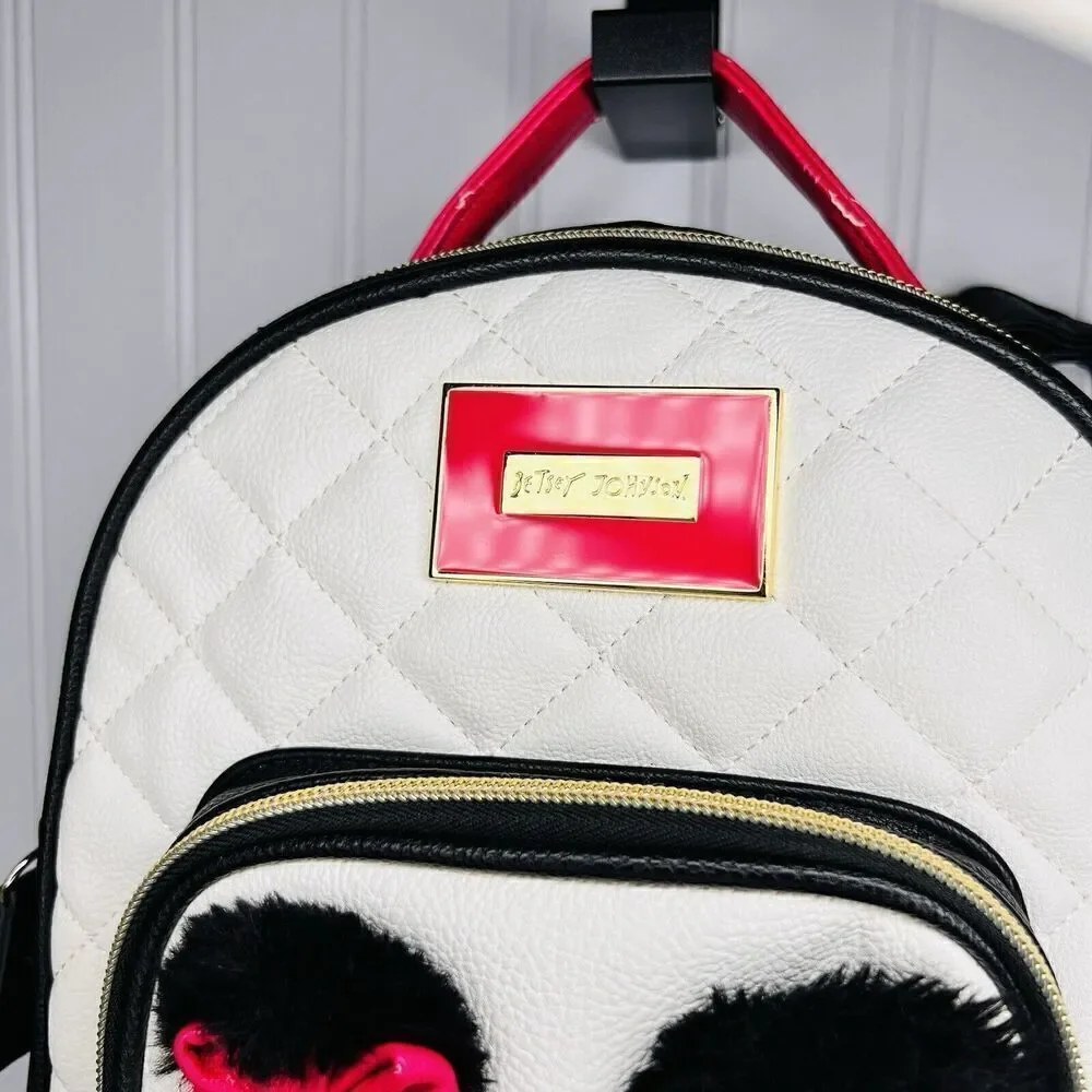 Betsey Johnson Backpack Medium with Panda Face Furry Brows White Black Pink